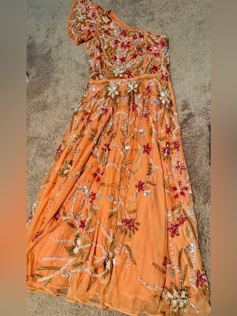 Mac Duggal Orange One-Shoulder Floral Sequin Evening Gown